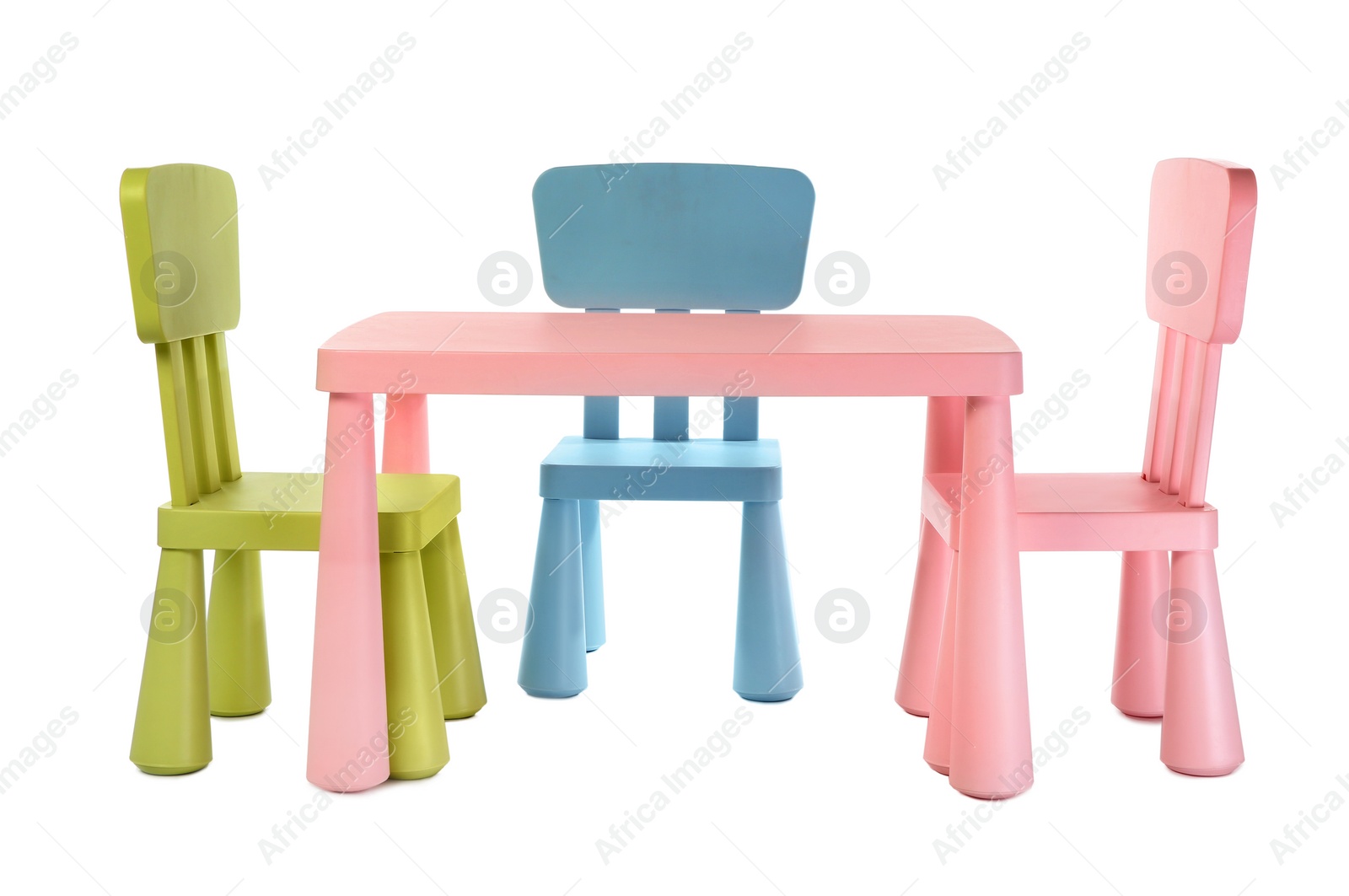 Photo of Colorful table and chairs for little kids isolated on white