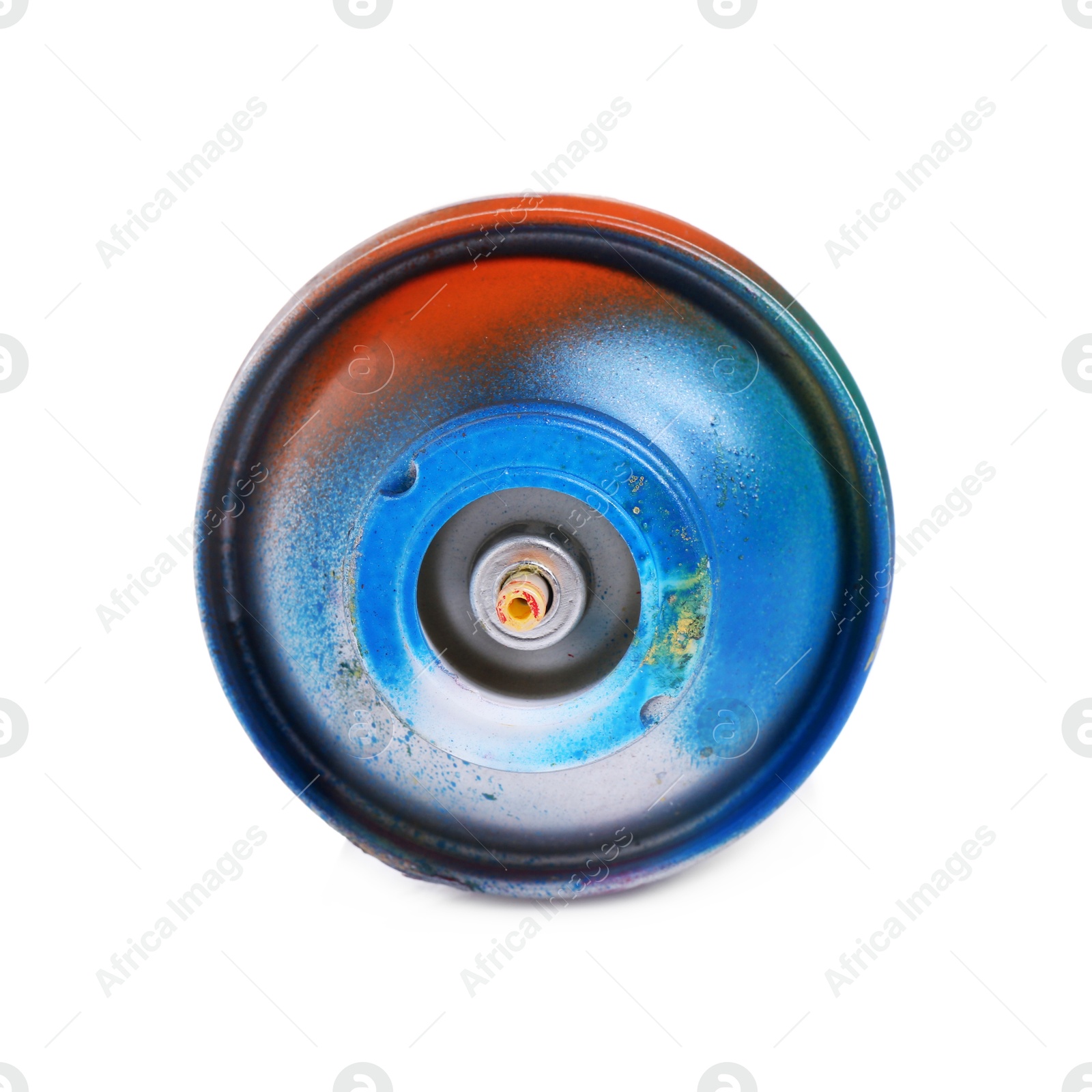 Photo of One can of bright spray paint isolated on white, top view