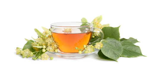 Photo of Cup of tea, linden leaves and blossom on white background