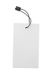 Photo of Blank tag on white background, top view. Space for text