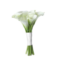 Photo of Beautiful calla lily flowers tied with ribbon isolated on white