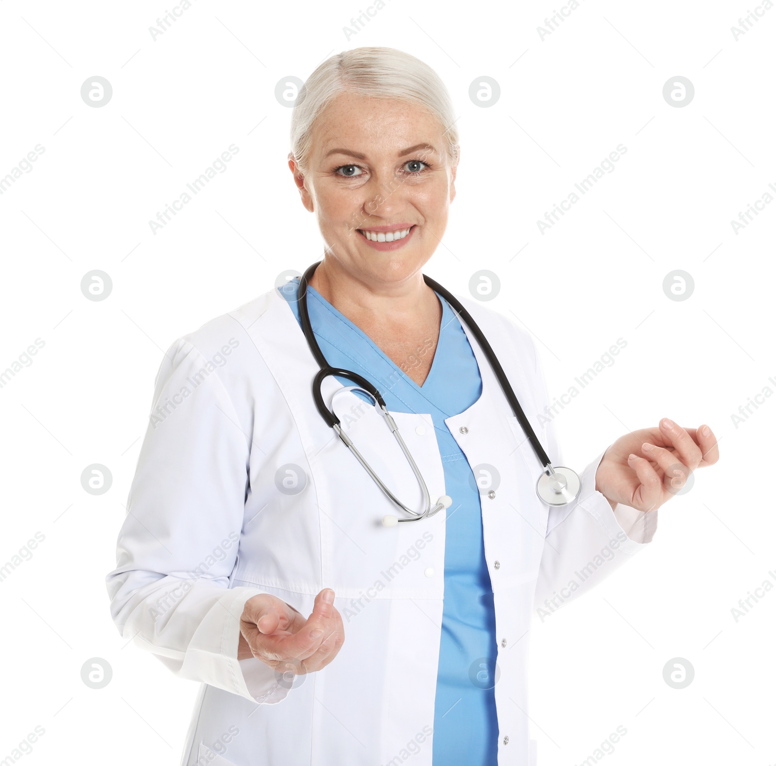 Photo of Portrait of female doctor isolated on white. Medical staff