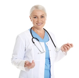 Photo of Portrait of female doctor isolated on white. Medical staff