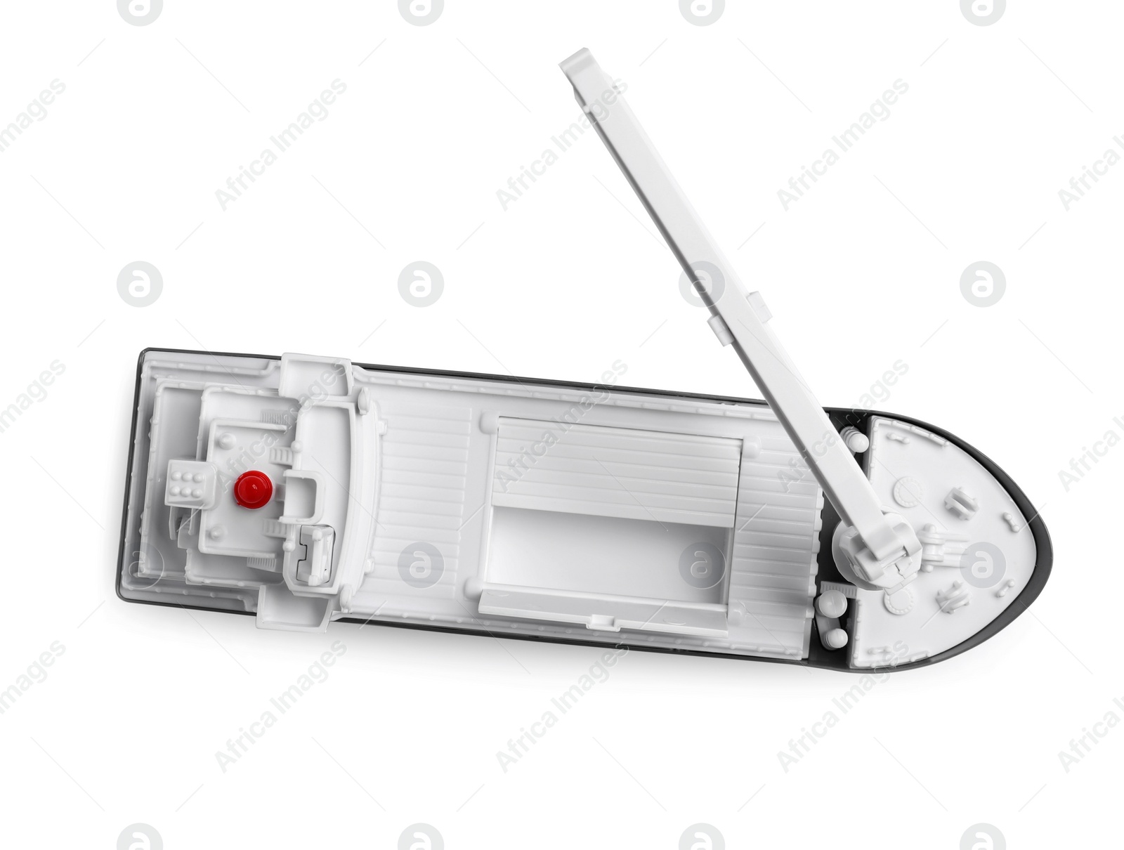 Photo of Toy cargo vessel isolated on white, top view. Export concept