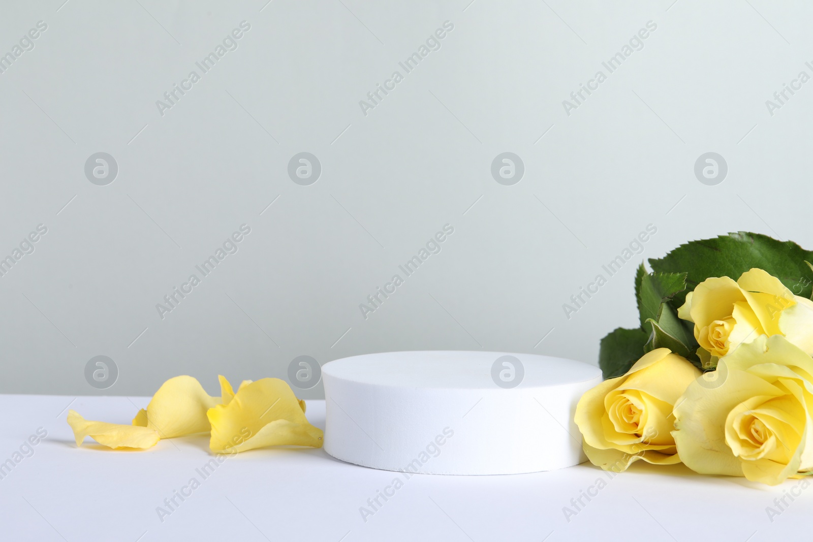 Photo of Beautiful presentation for product. Round podium and yellow roses on white table against light grey background, space for text