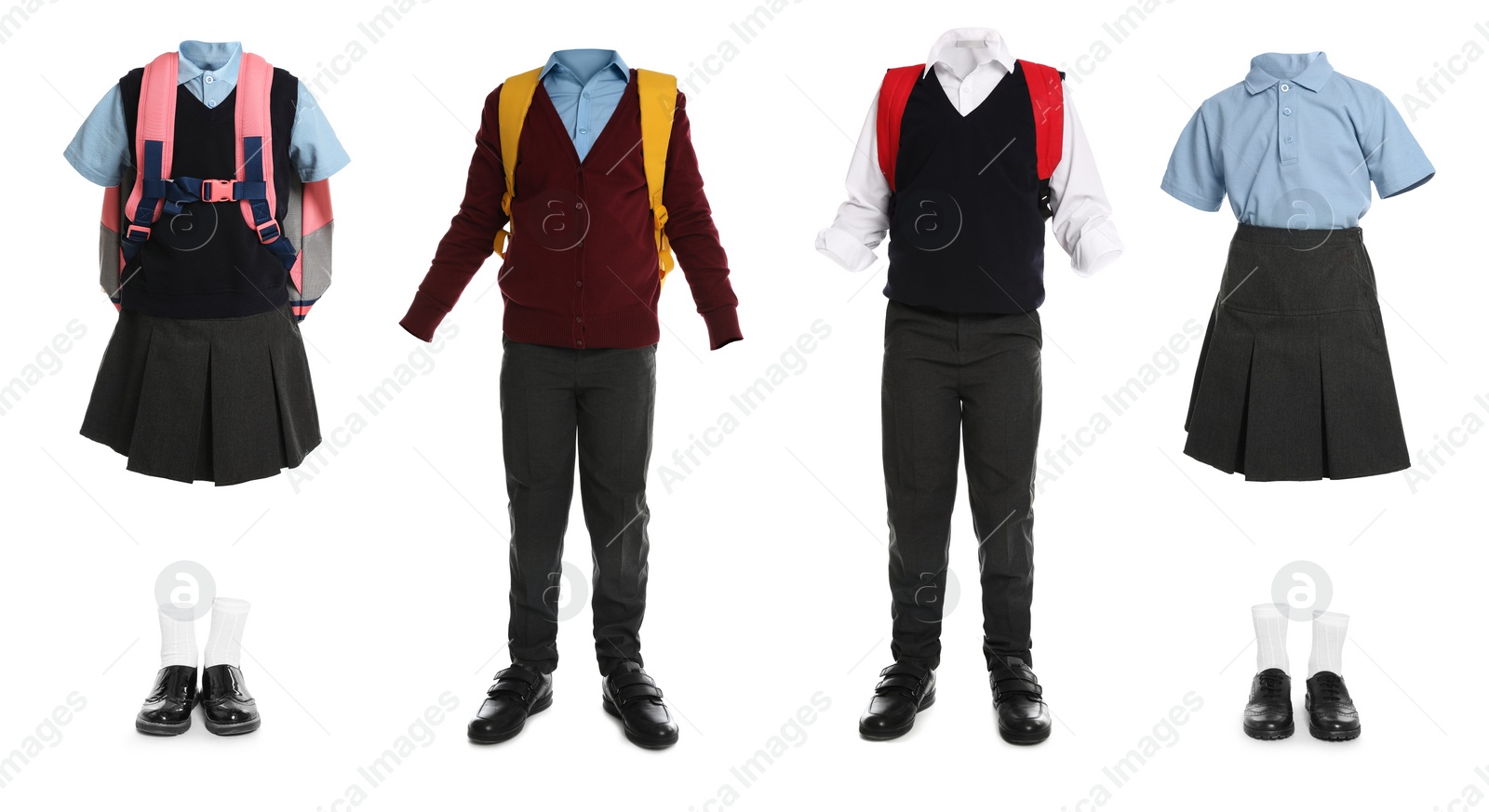 Image of Set of school uniforms for girls and boys on white background. Banner design 