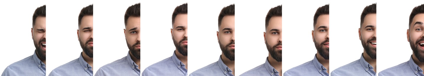 Image of Man showing different emotions on white background, collage of photos
