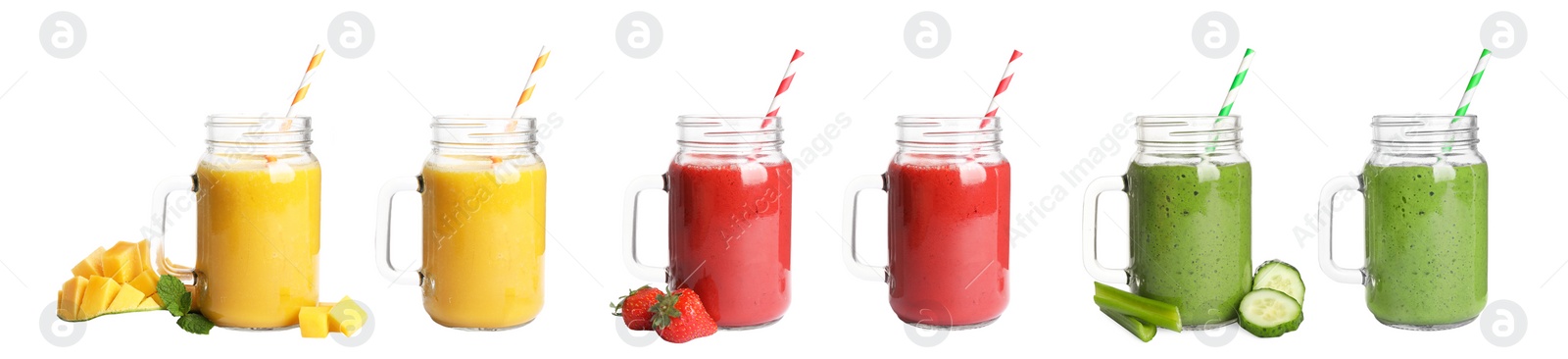 Image of Set with different tasty smoothies on white background. Banner design