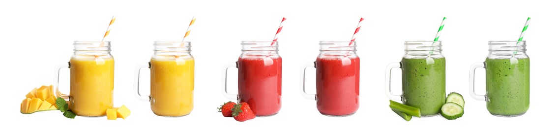 Set with different tasty smoothies on white background. Banner design