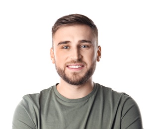 Photo of Young man with healthy teeth on white background