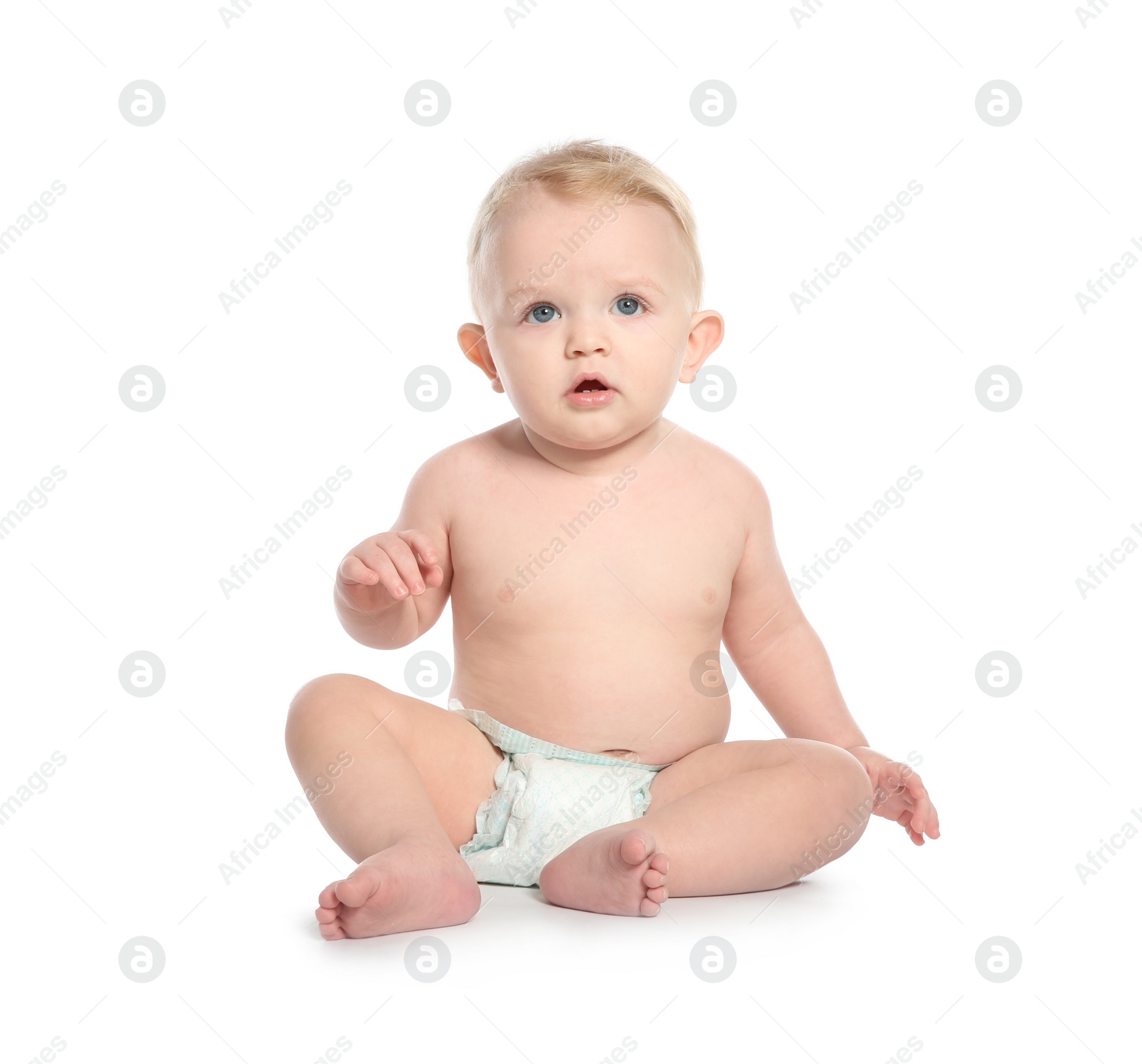 Photo of Cute little baby on white background. Crawling time