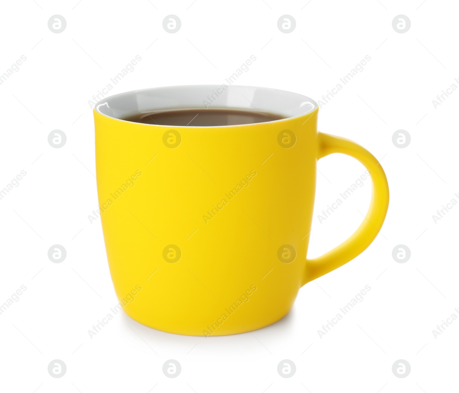 Photo of Yellow ceramic cup with hot aromatic coffee on white background