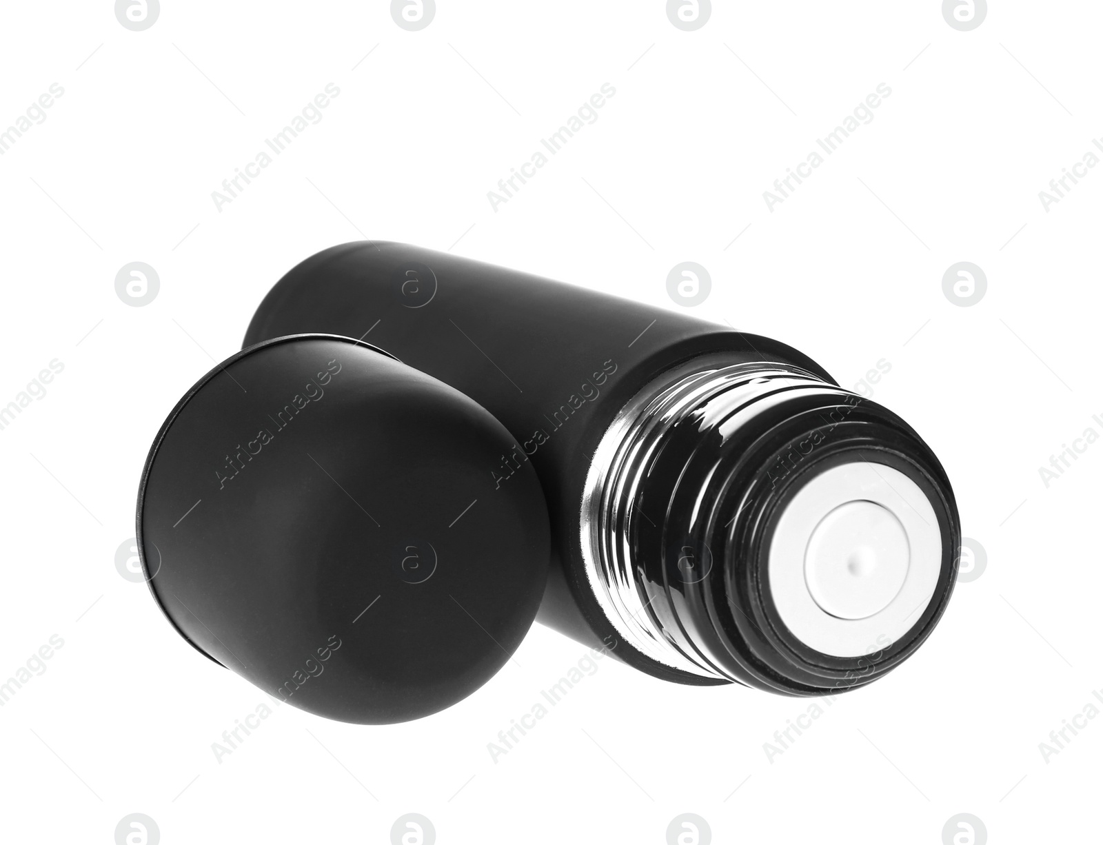 Photo of Black thermos with lid isolated on white