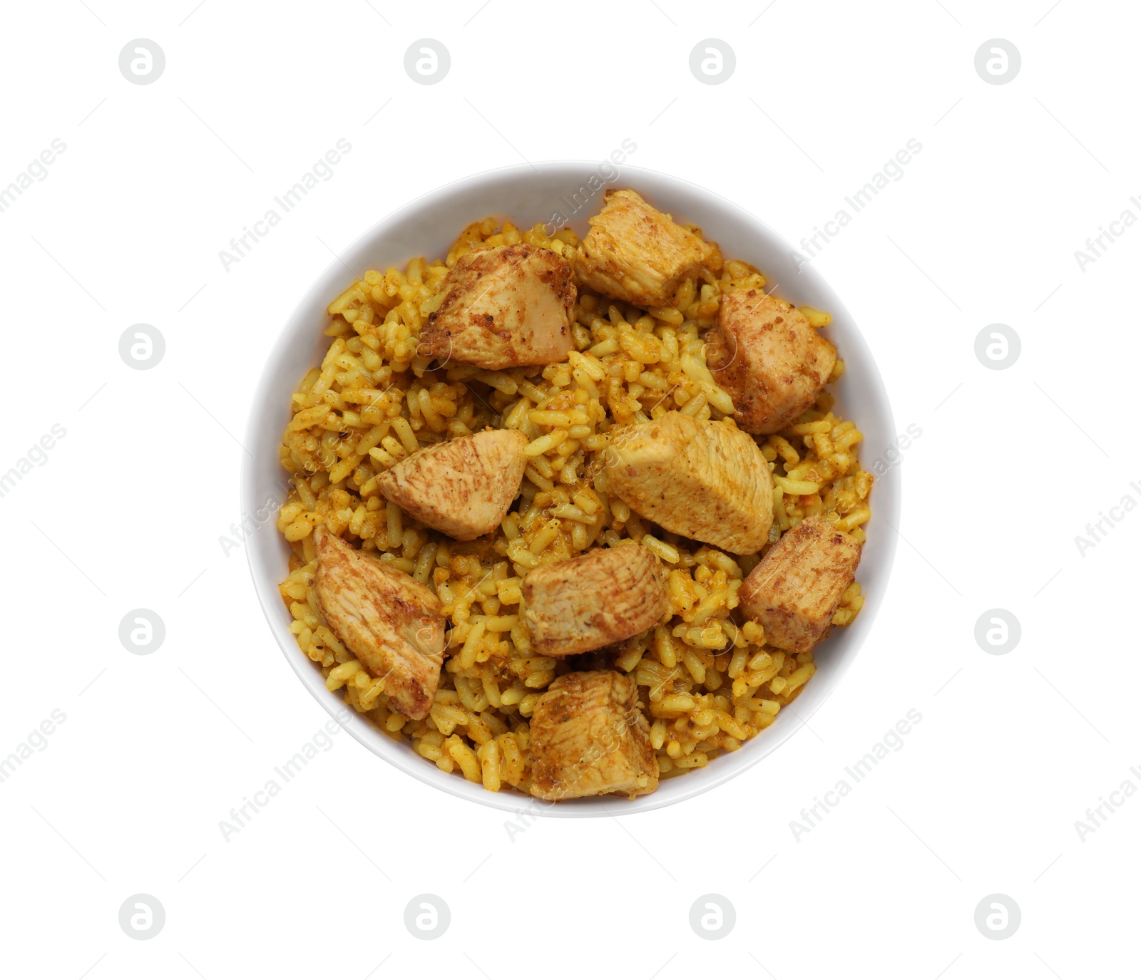 Photo of Bowl of delicious rice with chicken isolated on white, top view