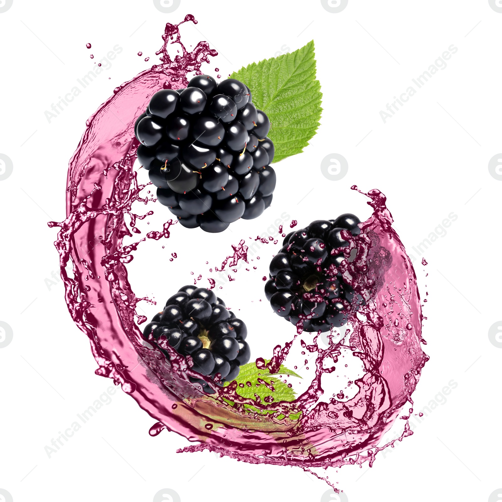 Image of Fresh blackberries and juice in air on white background