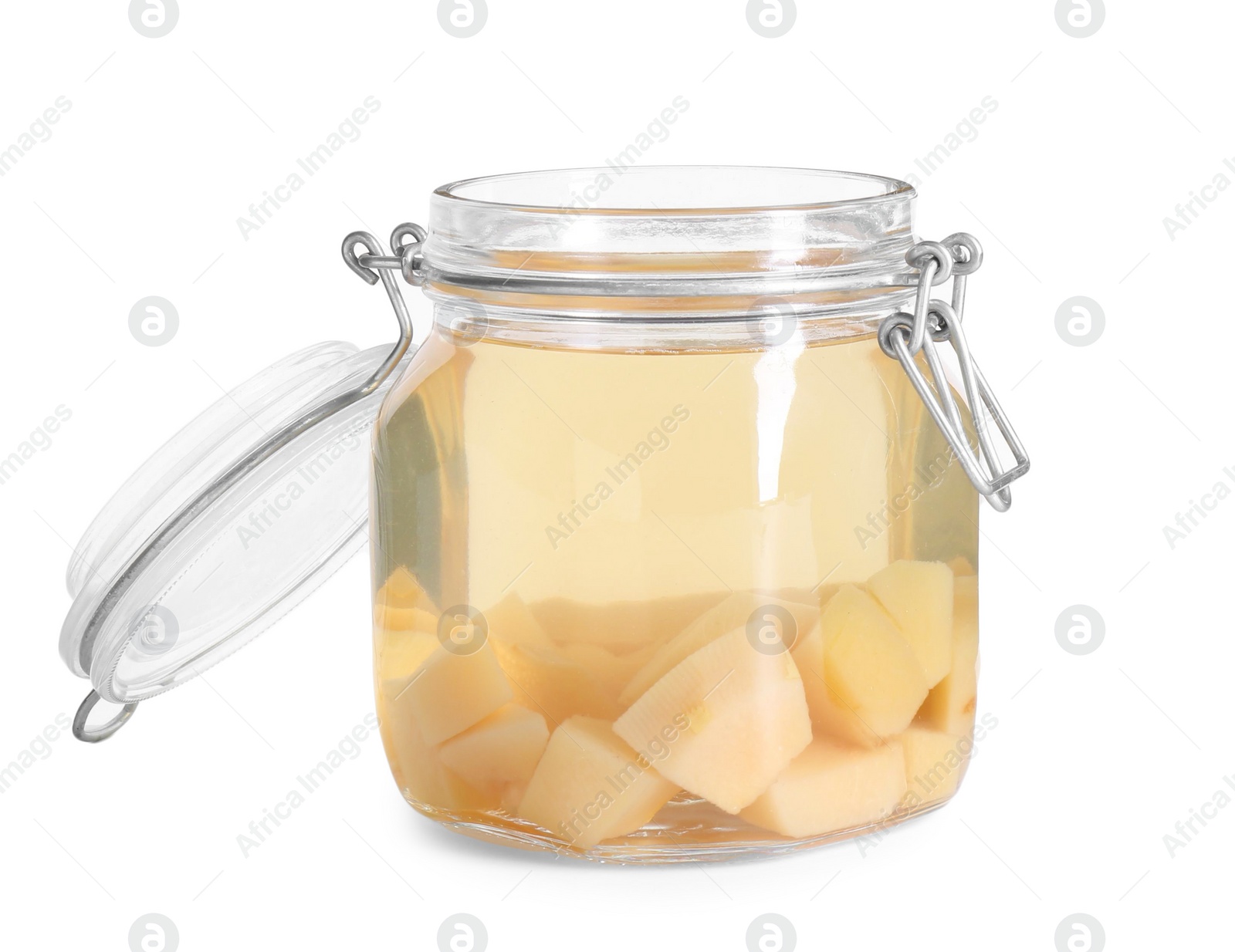 Photo of Delicious quince drink in glass jar isolated on white