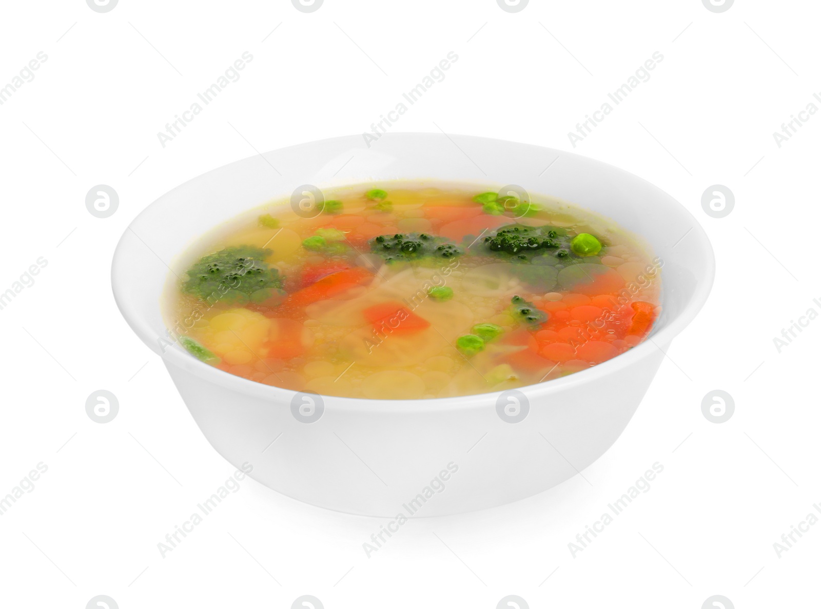 Photo of Delicious vegetable soup with noodles isolated on white