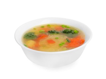 Photo of Delicious vegetable soup with noodles isolated on white