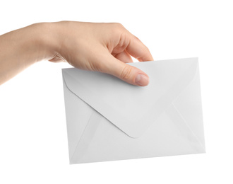 Woman holding paper envelope on white background, closeup