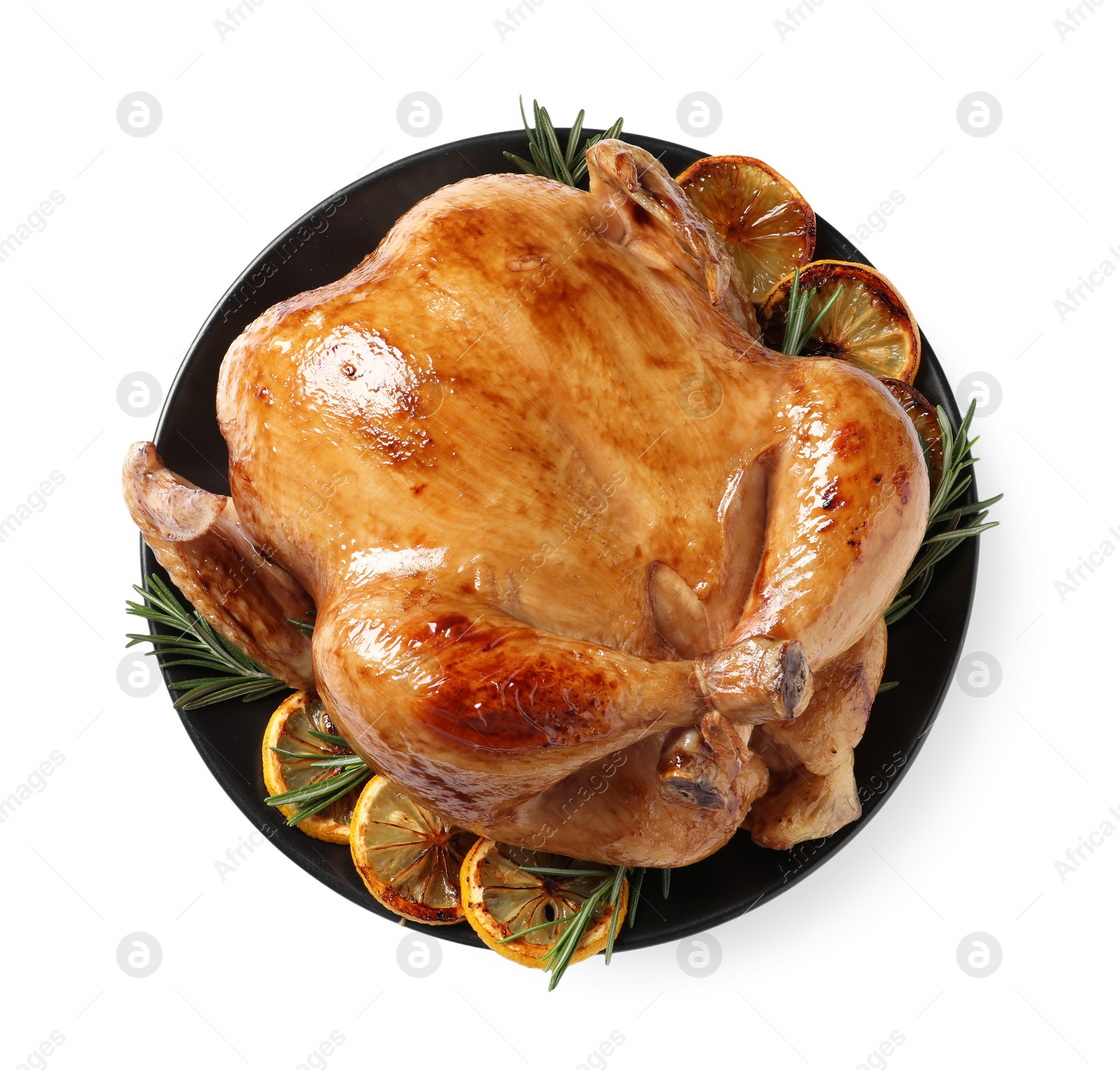 Photo of Tasty roasted chicken with lemon and rosemary isolated on white, top view