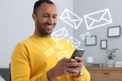 Image of Smiling man with smartphone chatting indoors. Many illustrations of envelope as incoming messages out of device