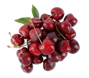 Photo of Tasty ripe red cherries with green leaves isolated on white, top view