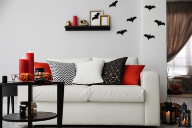 Modern room decorated for Halloween. Idea for festive interior