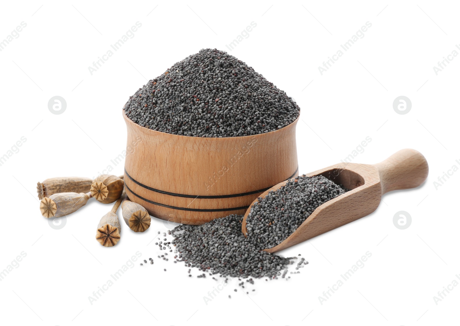 Photo of Bowl and scoop with poppy seeds on white background