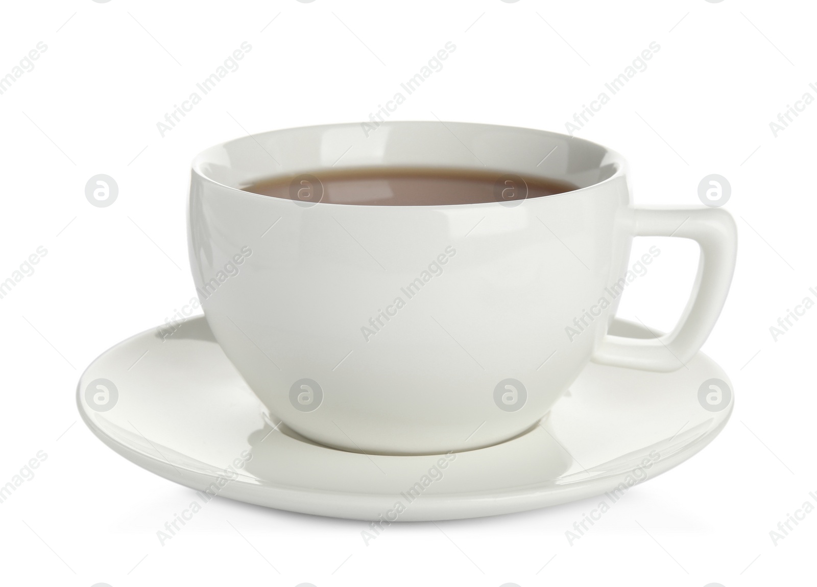 Photo of Cup of hot drink and saucer isolated on white