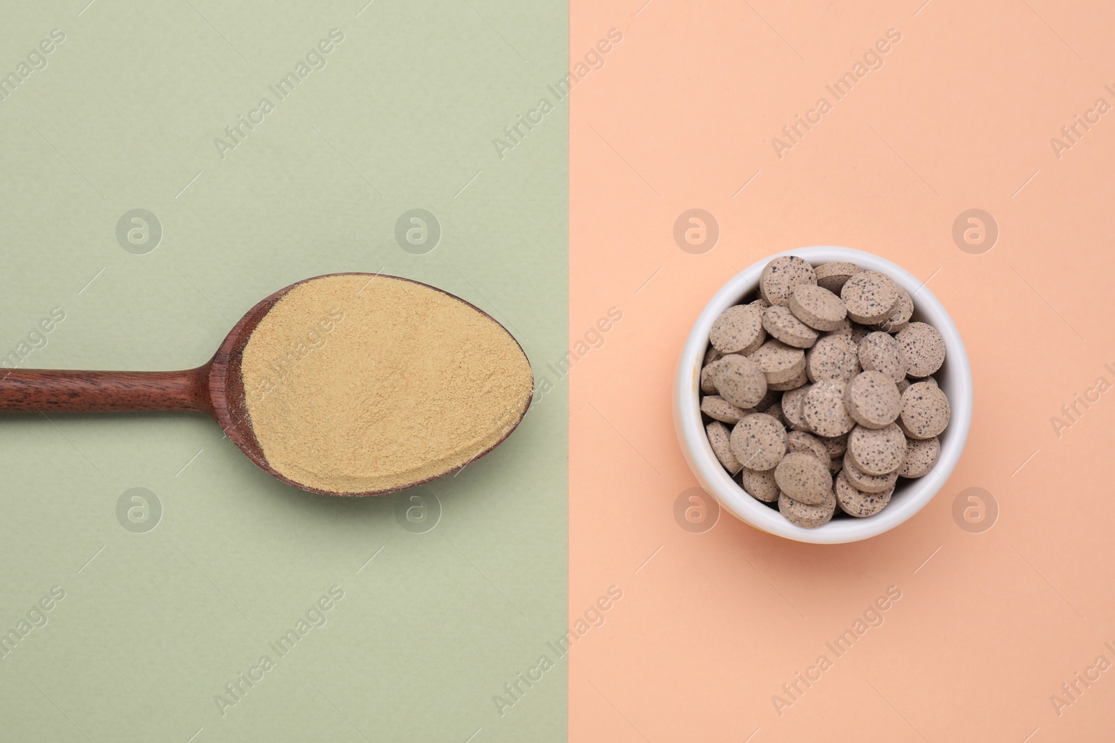 Photo of Beer yeast powder and pills on color background, flat lay