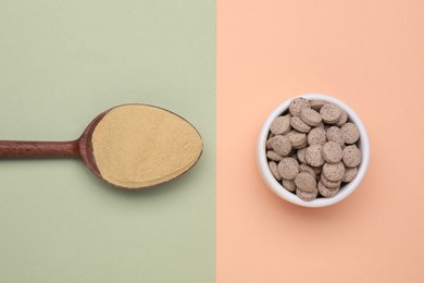 Beer yeast powder and pills on color background, flat lay