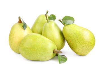 Photo of Many ripe pears with leaves on white background