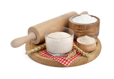 Leaven, ears of wheat, flour and rolling pin isolated on white