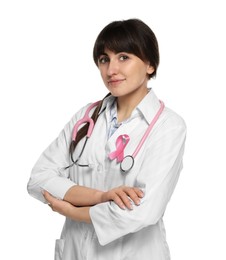 Photo of Mammologist with pink ribbon on white background. Breast cancer awareness