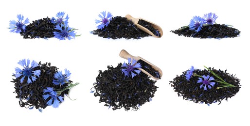 Image of Set with dried cornflower tea and fresh flowers on white background. Banner design