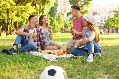 Photo of Young people enjoying picnic in park on summer day