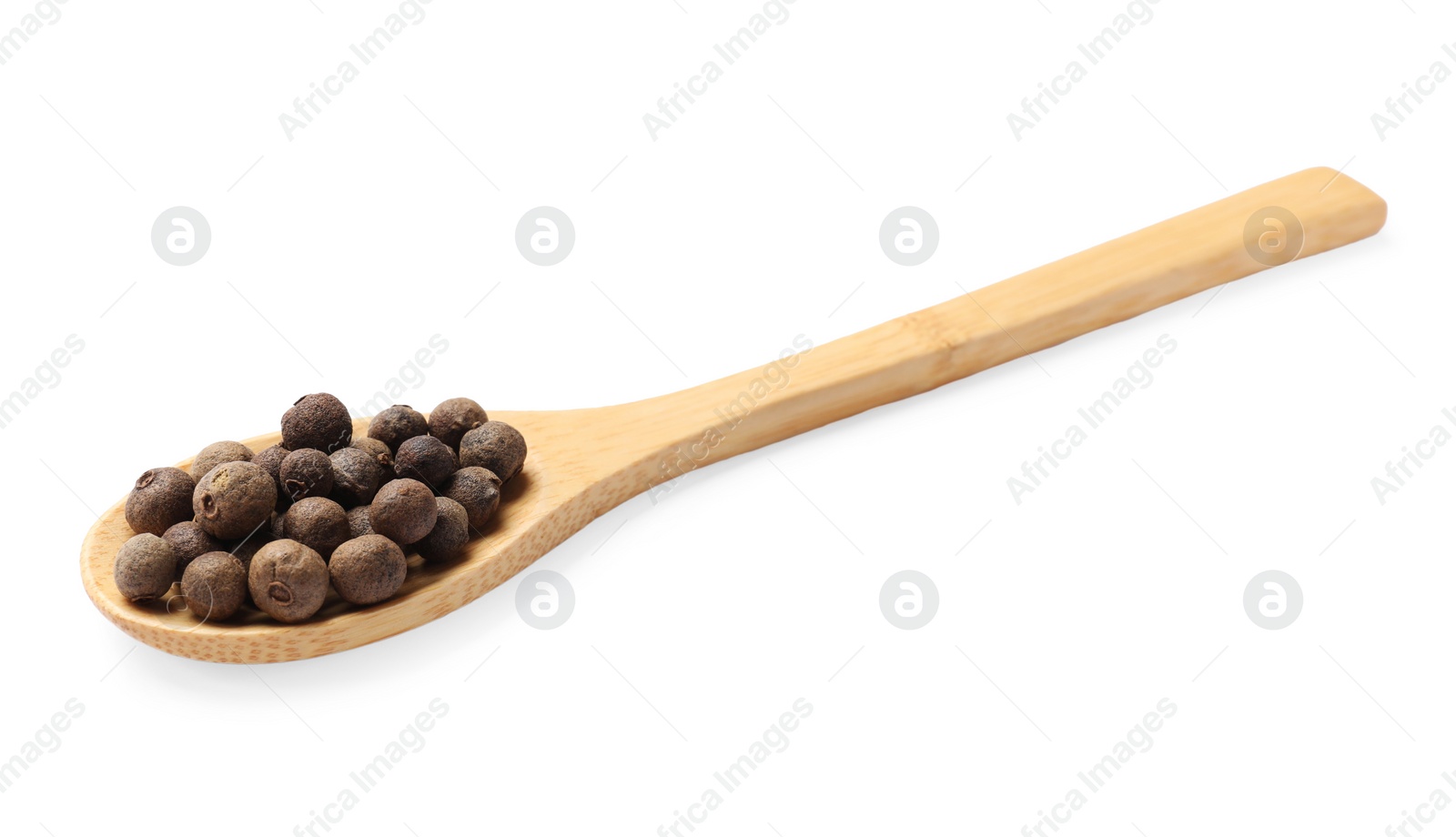 Photo of Dry allspice berries (Jamaica pepper) in spoon isolated on white