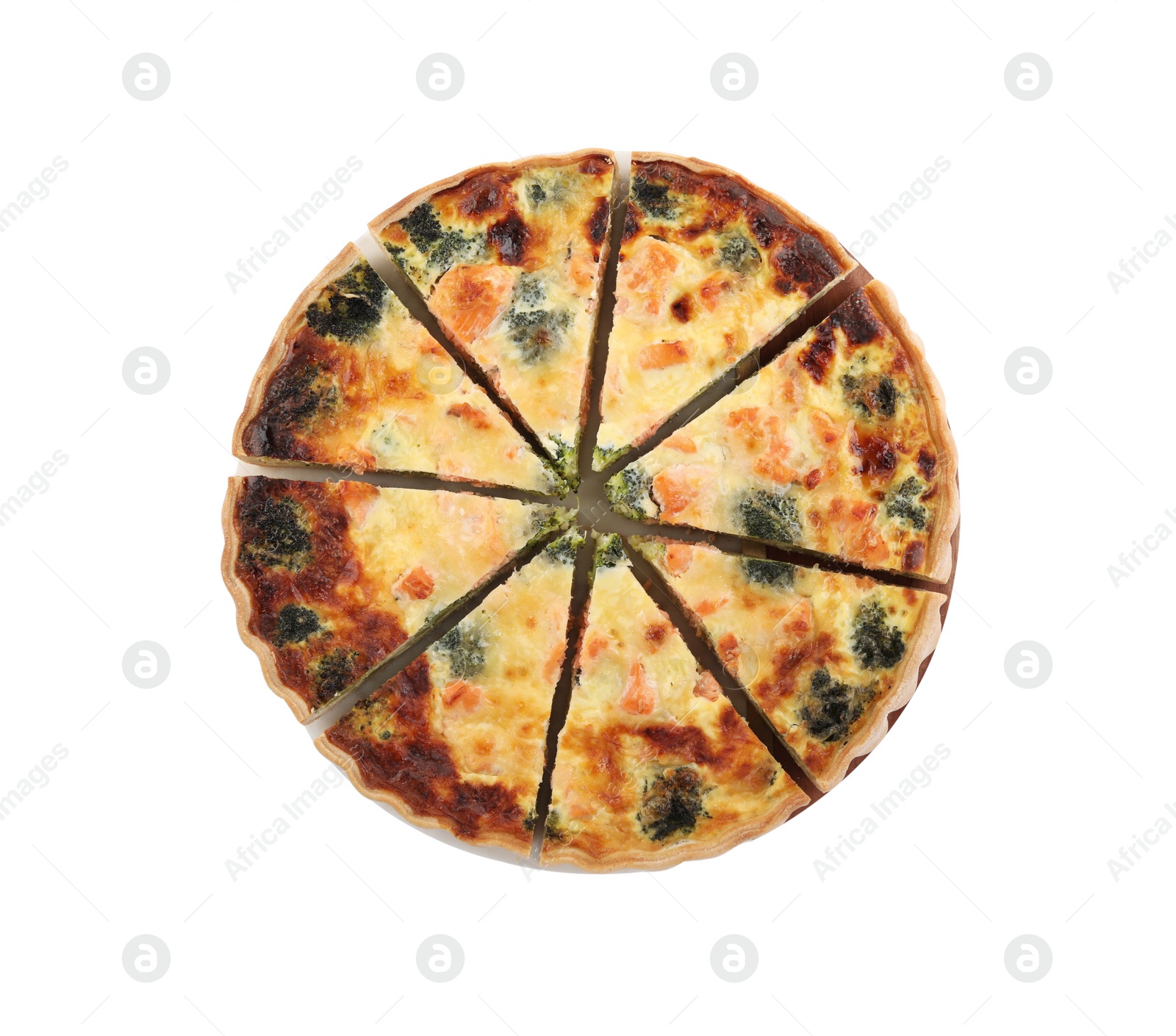 Photo of Delicious homemade quiche with salmon and broccoli isolated on white, top view