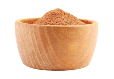 Photo of Dry aromatic cinnamon powder in wooden bowl isolated on white