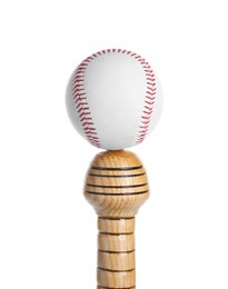 Photo of Wooden baseball bat and ball on white background. Sports equipment