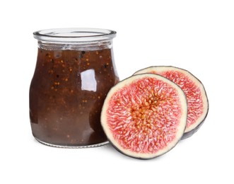 Photo of Glass jar of tasty sweet fig jam isolated on white