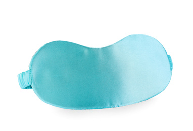 Photo of Turquoise sleeping mask isolated on white. Bedtime accessory