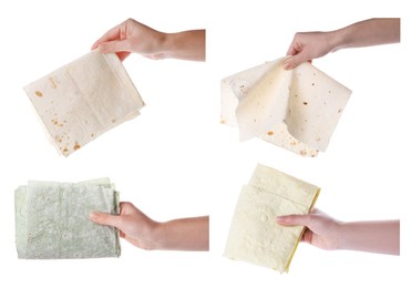 Collage with photos of women holding tasty lavash on white background, closeup