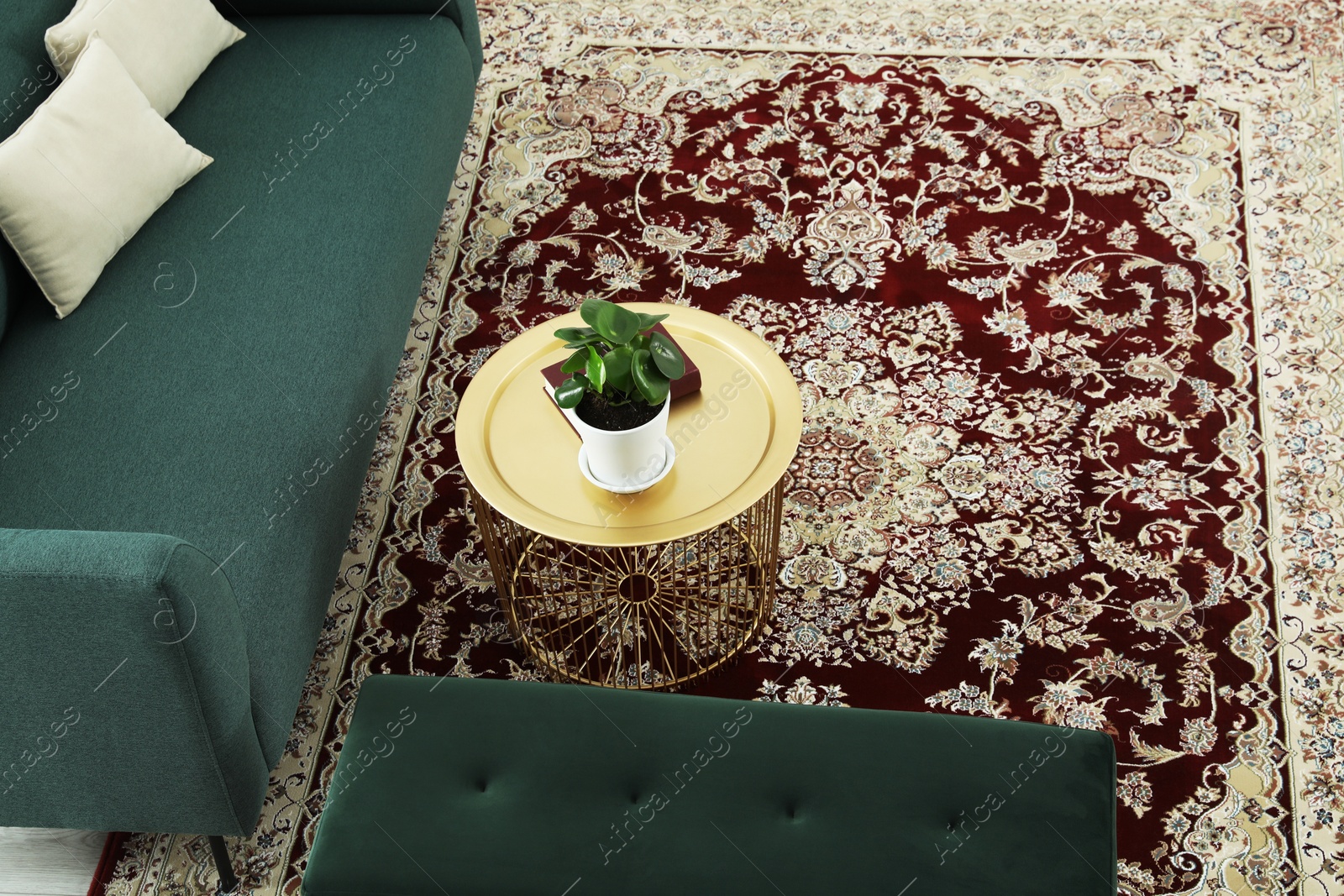 Photo of Stylish living room with beautiful carpet and furniture, above view. Interior design