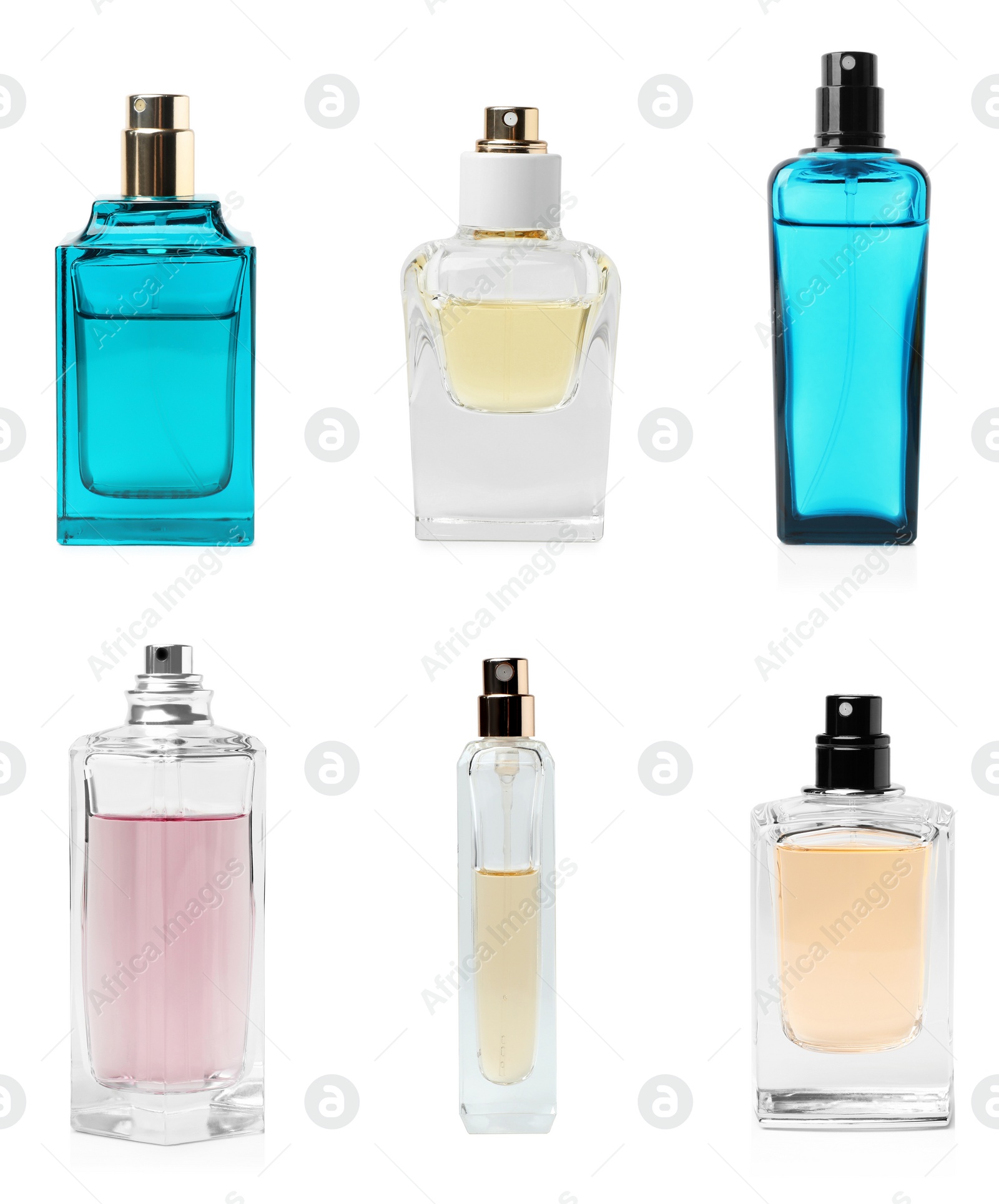 Image of Set with different bottles of perfume on white background