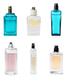 Image of Set with different bottles of perfume on white background