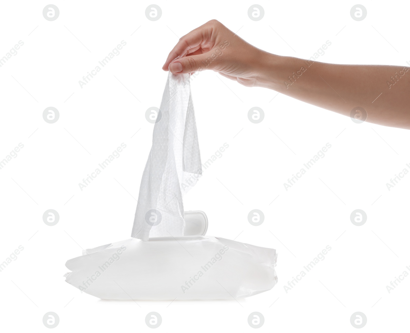 Photo of Woman taking wet wipe from pack on white background, closeup