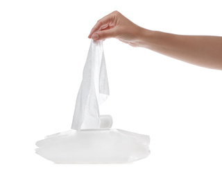 Photo of Woman taking wet wipe from pack on white background, closeup