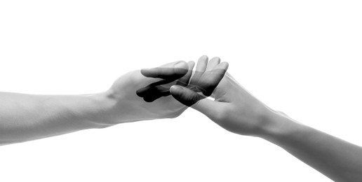 Double exposure of people's hands on white background, closeup. Black and white effect