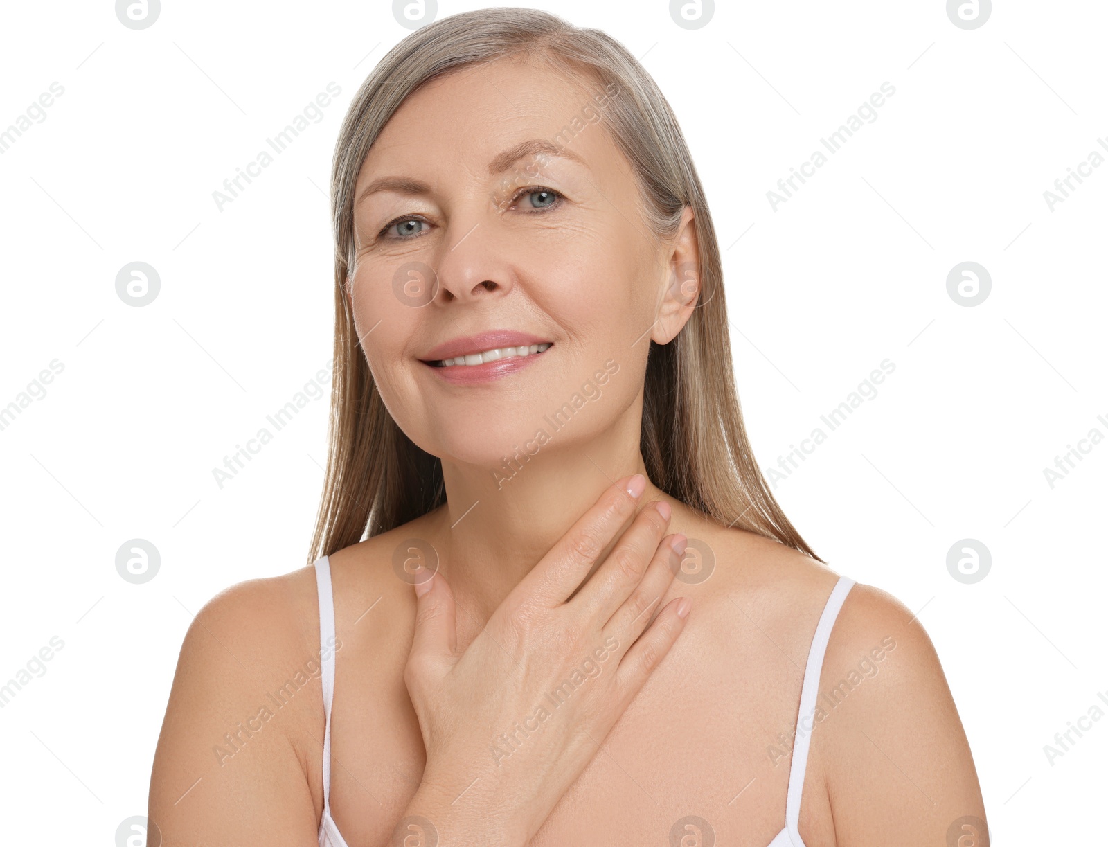 Photo of Beautiful woman touching her neck on white background